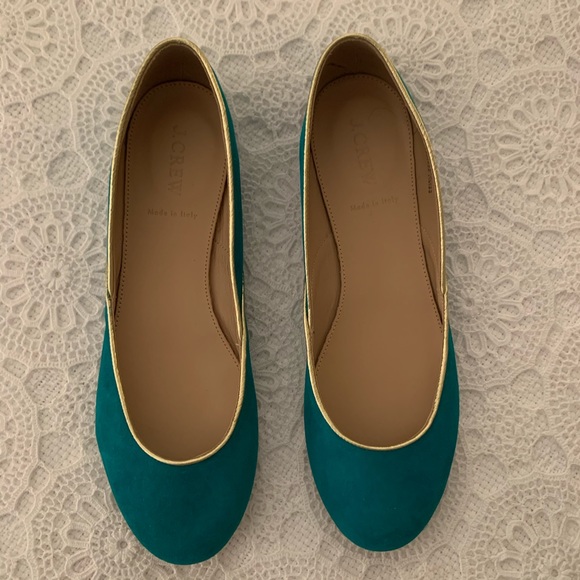 J. Crew Shoes - JCREW Suede Aqua with gold trim ballet flats